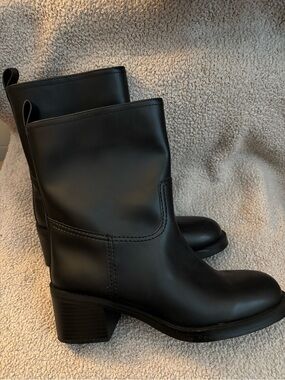 H&M Black Leather-Look Mid-Calf Block Heel Booties